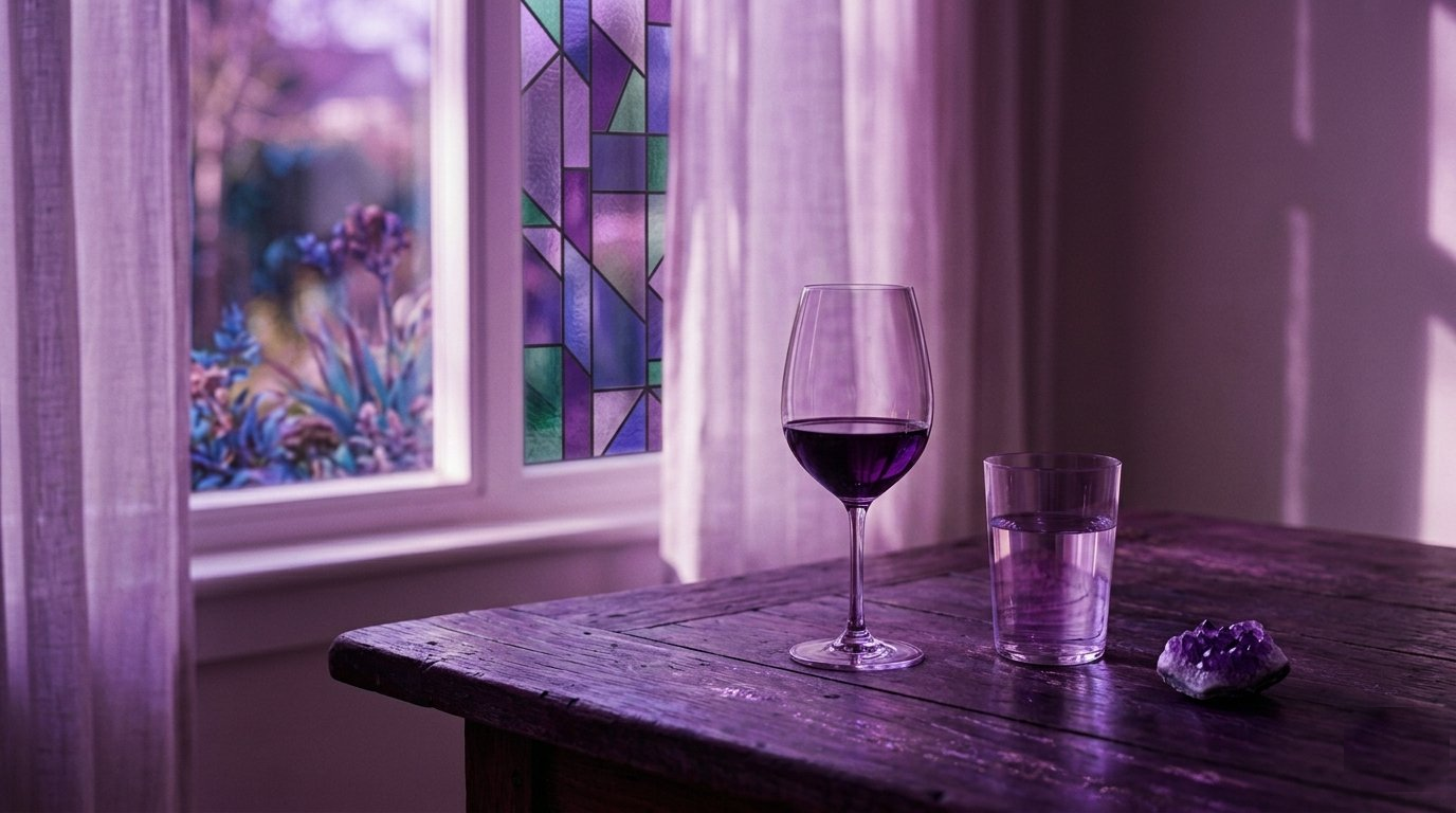 Copa de vino a medio terminar sobre una mesa con luz tenue al final de la tarde