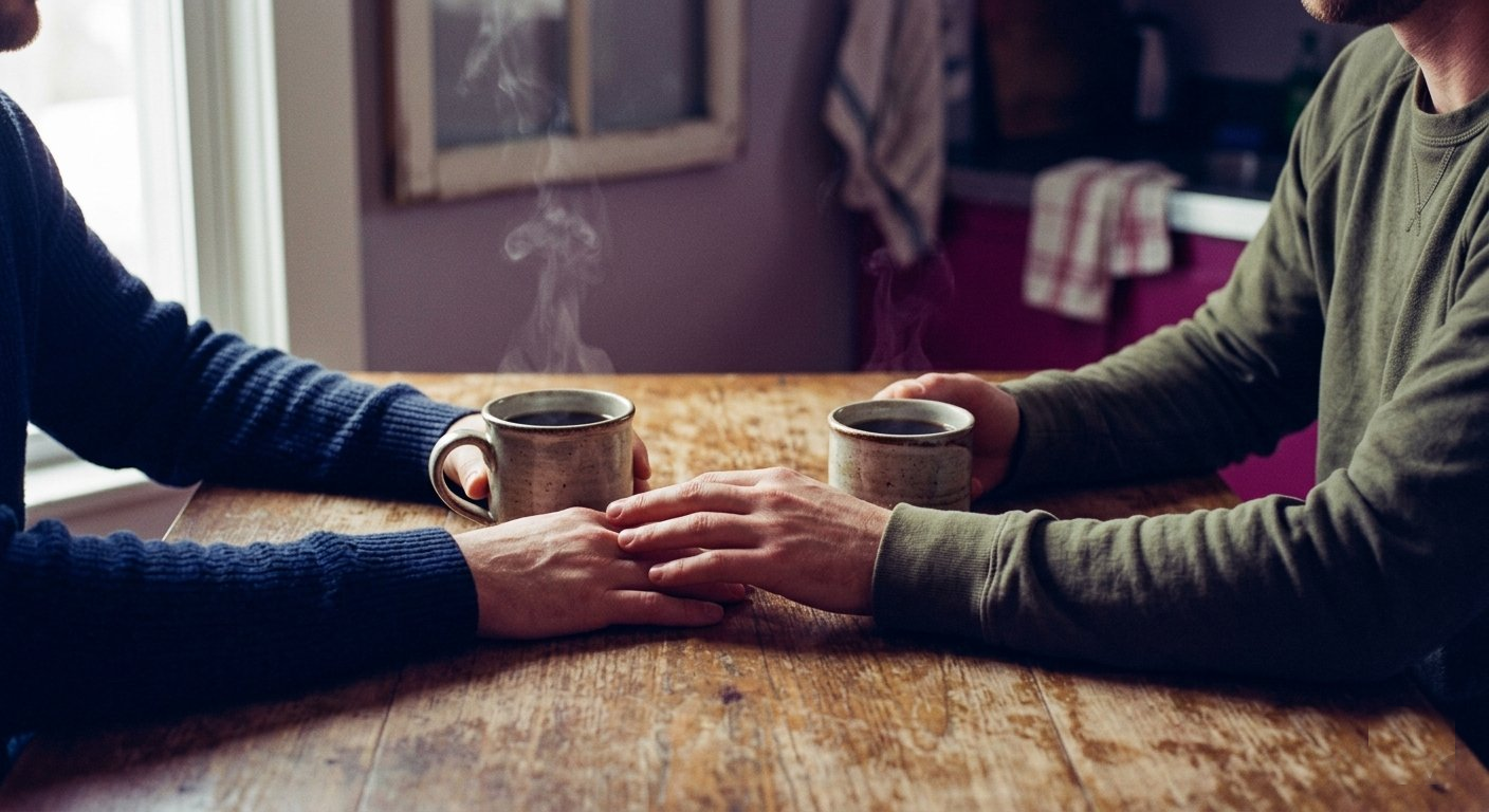 Pareja conversando en la cocina con tazas de café, atmósfera tranquila