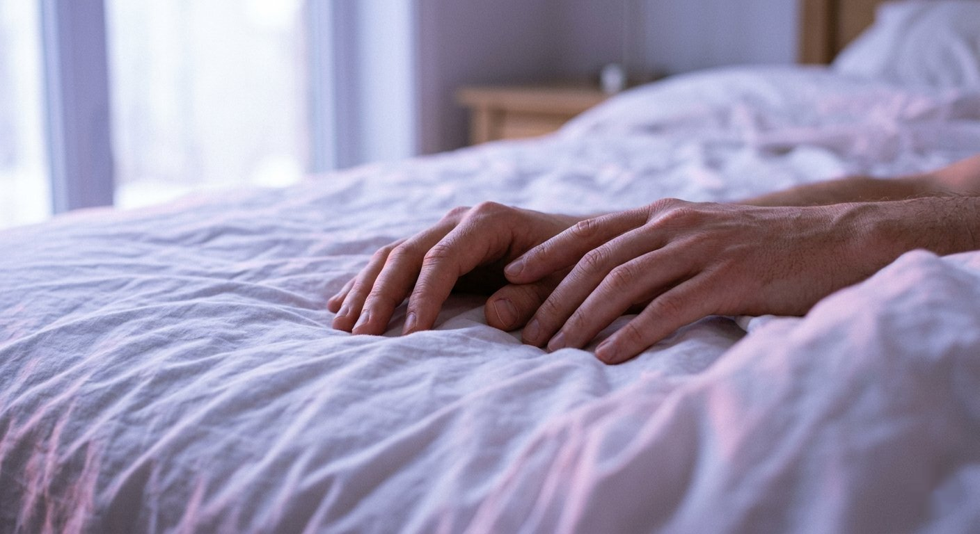 Pareja de espaldas tumbada en una cama luminosa, atmósfera tranquila