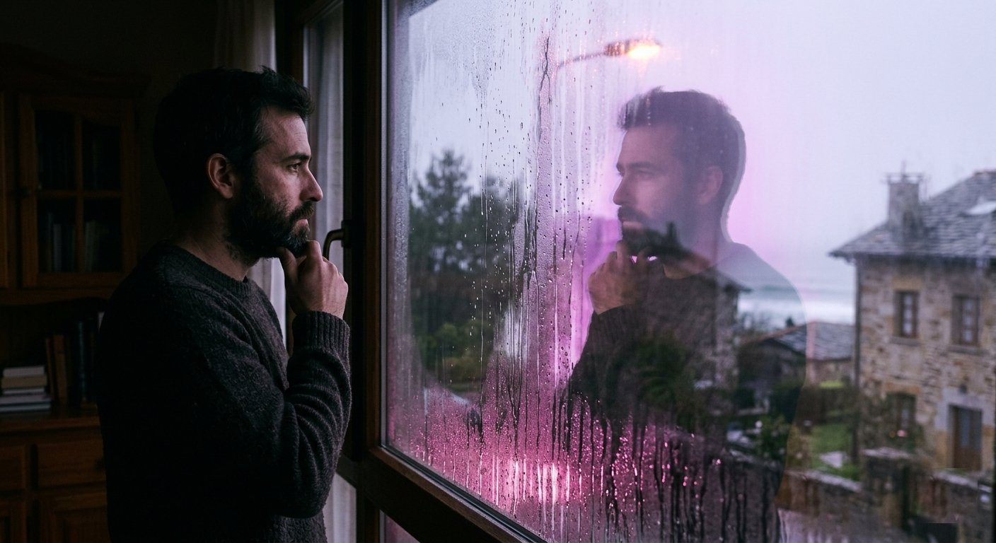 Hombre adulto mirando por la ventana con luz suave de la mañana