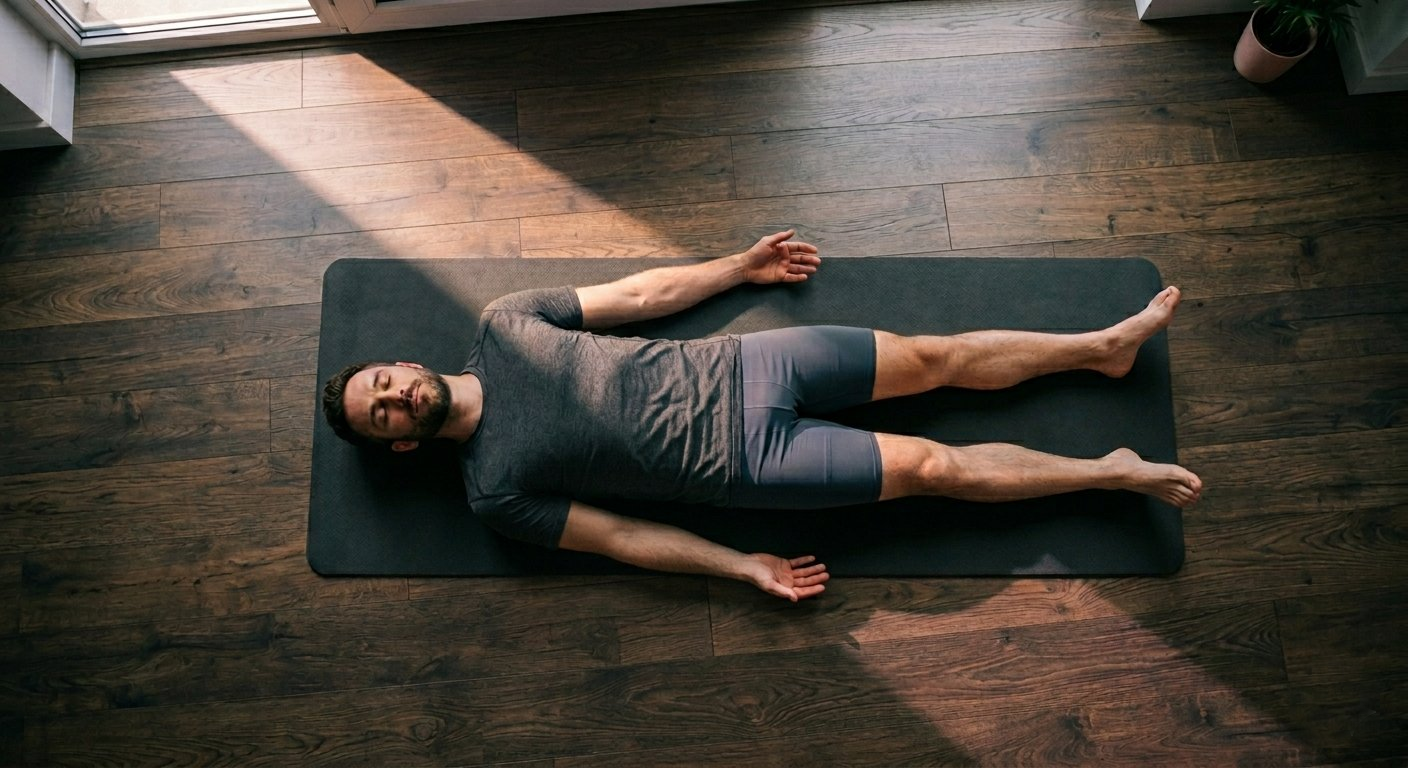 Hombre realizando un ejercicio de respiración tumbado sobre una esterilla en una habitación luminosa