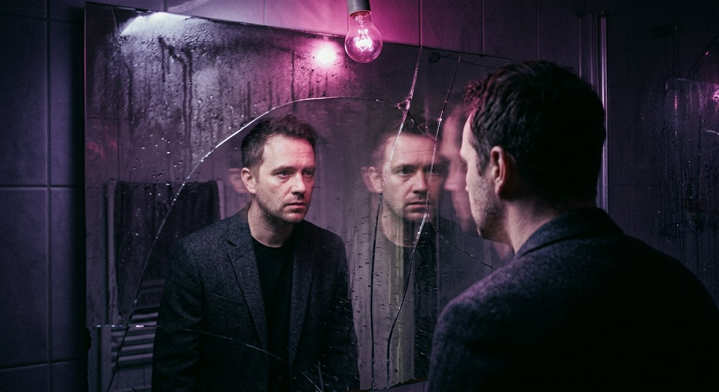 Hombre con la mirada concentrada en una habitación con luz tenue, expresión introspectiva