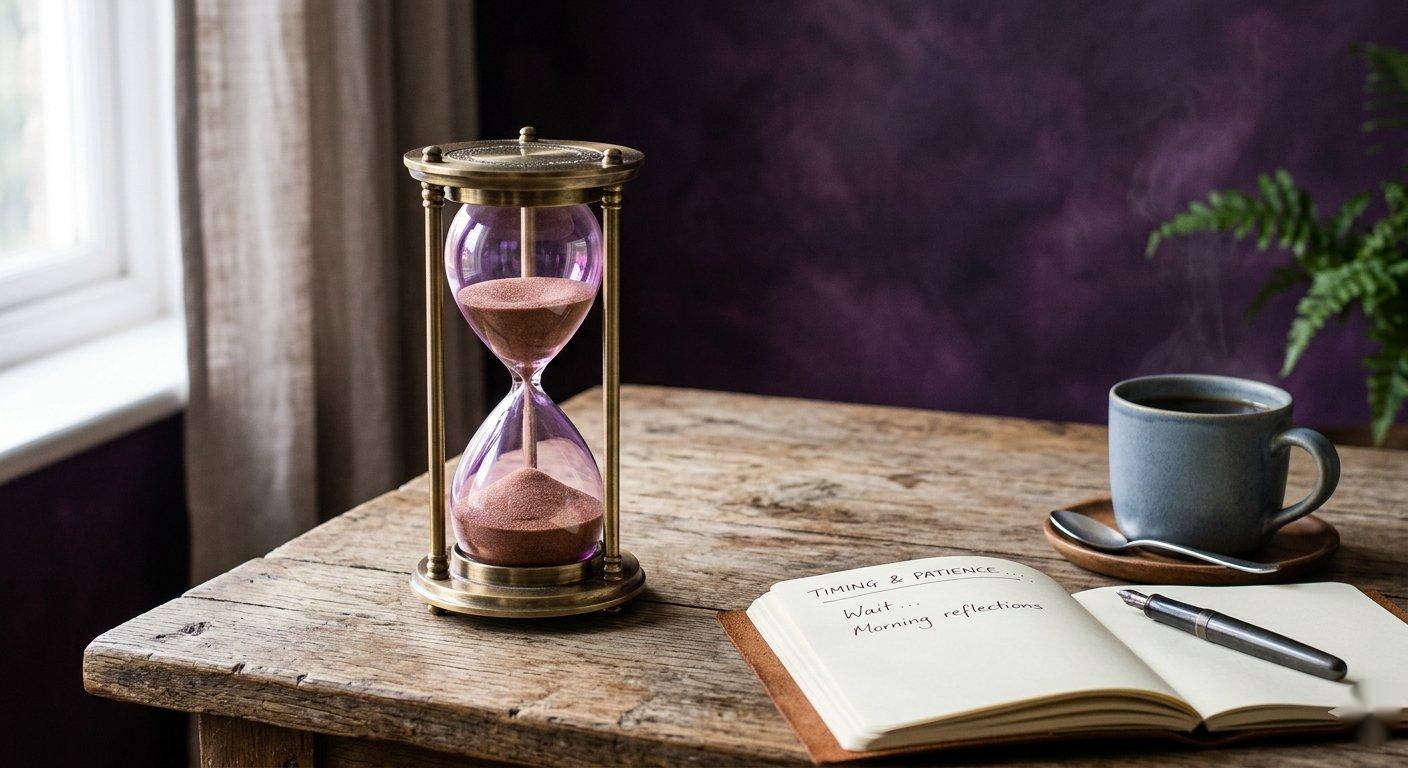 Reloj de arena medio lleno sobre una mesa de madera junto a una libreta y un café
